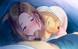 :>= ass bed blue_eyes blush brown_hair butcha-u censored fellatio female game_cg highres kenzen!_hentai_seikatsu_no_susume legs looking_at_viewer lying male_pubic_hair mosaic_censoring oral original panties penis pov pubic_hair short_hair solo_focus spread_legs thighs under_covers underwear