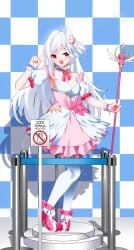 1boy absurdres blue_archive blush bound bustier checkered_background choker commission corset cosplay crescent crescent_hair_ornament grey_wings hair_ornament halo head_wings heart highres holding holding_staff kigurumi lock mage_staff magical_girl maguro27 mascot_costume pantyhose pink_corset pink_halo pixiv_commission restrained sensei_(blue_archive) sex_toy sign single_hair_intake single_head_wing single_wing smile solo_male staff stealth_bondage suzumi_(blue_archive) suzumi_(blue_archive)_(cosplay) suzumi_(magical)_(blue_archive) translation_request twitching v vibrator warning_sign watermark white_pantyhose wing_ornament wings