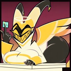 adam_(hazbin_hotel) ai_generated angel angel_girl angel_wings archangel big_breasts black_body clothed collared condom condom_wrapper curvy female genderswap_(mtf) glowing_eyes gold_wings grin halo hazbin_hotel holding_condom horns long_horns looking_at_viewer masked masked_female no_pupils on_fours on_table pixai rule_63 shadowy_figure sharp_teeth smug solo thick_thighs white_robe wide_hips yellow_eyes yellow_sclera yellow_teeth