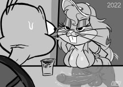 anthro balls barista big_penis bodily_fluids bottomwear breasts buckteeth bugs_bunny bulging_eyes busty_boy_(lore) cecil_turtle cleavage clothed clothing container cup disguise duo erection eyeshadow female furniture genitals grin hair hat headgear headwear hi_res kojoarts lagomorph leporid long_hair looney_tunes makeup male mammal monochrome pants penis rabbit reptile scalie shell shirt smile sweat table tail tail_motion tailwag teeth topwear turtle unbuttoned_pants warner_brothers whiskers