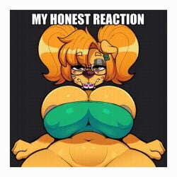 1futa acne animated anthro areola big_breasts blinking bodily_fluids braces breasts breedable_hips brown_eyes brown_hair buckteeth canid canine canis clothing crop_top cum cum_on_screen domestic_dog ejaculation eyeshadow eyewear fur futanari genital_fluids genitals gerry_(dongitos) glasses gynomorph hair huge_breasts implied_futa intersex lewdssonk looking_at_viewer makeup mammal navel orange_body orange_fur penis shirt small_waist solo teeth topwear twintails_(hairstyle) wide_hips