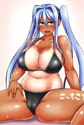 bikini black_bikini blue_hair body_writing cameltoe green_eyes ikameshi open_legs tan tanlines