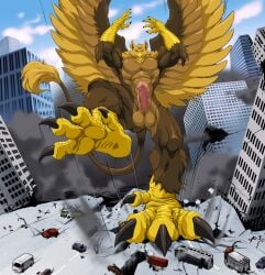 abs anthro avian balls beak biceps biped brown_body brown_fur building building_destruction carpo city city_background city_destruction cityscape claws crush destruction erection feathered_wings feathers feet finger_claws fingers foot_crush fur genitals gryphon hi_res house macro macro_anthro macro_male male muscular muscular_anthro muscular_male mythological_avian mythological_creature mythology nude outside pawpads paws pecs penile penis phantomstudiot rampage sky solo stomping tail toe_claws toes vehicle vehicle_destruction wings