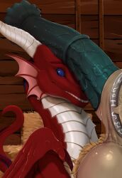 animal_genitalia balls blue_eyes blue_penis dragon duo erection feral flared_penis genitals hi_res horn ishiru male male/male medial_ring mythological_creature mythological_scalie mythology penis penis_on_face red_body red_scales scales scalie sheath ventral_scales white_body white_horn white_scales