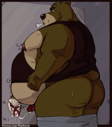 anthro bear belly belly_overhang big_belly big_butt bodily_fluids bottomwear bottomwear_down breath butt clothed clothing cum cum_on_face duo genital_fluids genitals glory_hole graffiti looking_pleasured male male/male mammal moobs nipples nub_tail overweight overweight_male pants pants_down partially_clothed penis rear_view shirt small_penis smile standing tank_top tcw text topwear url