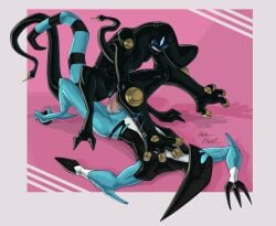 2_toes 3_fingers 4_fingers absurd_res alien armor bared_teeth ben_10 ben_tennyson black_body black_claws blue_blush blue_body blue_eyes blue_scar blue_vulva blush bodily_fluids breasts breath cartoon_network claws clitoris clothed clothing conductoid crouching diode_(lumen_fox) dripping_vulva duo electrical_plug electrical_plug_tail english_text fan_character feet female fingers genital_fluids genitals glistening glistening_body glistening_genitalia glistening_penis glowing glowing_genitalia glowing_vulva head_tendrils head_tentacle headgear helmet hi_res hidden_face kineceleran light lighting long_tail lumen_fox lying male male/female nipples not_furry nude nude_female on_back open_mouth panting partially_clothed penis pink_background pink_penis pinned pinned_to_ground prehensile_tail scar shaded shadow simple_background spikes spikes_(anatomy) tail teeth tendrils text toes vaginal_fluids vulva wheel xlr8