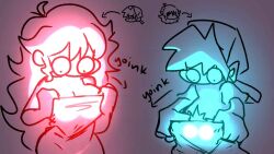 1boy 1girls big_breasts body_swap bodyswap boyfriend_(friday_night_funkin) crotch friday_night_funkin girlfriend_(friday_night_funkin) glowing glowing_balls glowing_breasts glowing_genitalia holy_shit monochrome pubic_hair pubic_hair_peek replacement surprise surprised text yoink