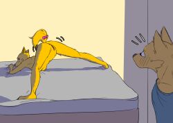 absurd_res adam's_apple anthro ass ass_up bed blush bow_tie breasts bulging_eyes canid canine cheek_tuft clothing collarbone curled_tail digital_media_(artwork) digital_painting_(artwork) duo ear_tuft facial_tuft female flustered fur furniture genitals grabbing_sheets hi_res himynameis jack-o'_pose male mammal medium_breasts navel nude on_bed painting_(artwork) pose presenting presenting_hindquarters presenting_vulva shaded shirt simple_background simple_shading spread_legs spreading tail topwear tuft vulva yellow_body yellow_fur