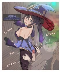 1boy absurdres aether_(genshin_impact) bare_shoulders black_choker black_eyes black_gloves black_hair black_pantyhose blonde_hair border breasts buttjob buttjob_over_clothes choker clothed_female_nude_male commentary detached_sleeves english_text erection female genshin_impact gloves gradient_hair hat highres horny_male invisible_man leotard long_hair looking_back medium_breasts mona_(genshin_impact) multicolored_hair nude open_mouth pantyhose penis purple_hair purple_hat purple_leotard purple_sleeves solo_focus sound_effects standing straight strapless strapless_leotard uncensored valenthania white_border witch_hat