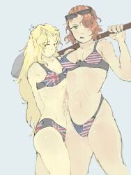 2girls american bikini breasts british clothing devesto die_of_death_(roblox) female_only flag_bikini foschae green_eyes humanized mequot roblox roblox_game robloxian rule_63 self_upload shovel small_breasts standing stomach sunglasses tagme thighs yellow_skin yuri