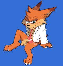 anthro balls blush bobcat bubsy_(series) bubsy_4d bubsy_bobcat claws clothed clothing embarrassed felid feline foreskin fur genitals half-erect hi_res lynx male mammal necktie orange_body orange_fur partially_clothed penis scarlet-hex solo