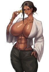 1girls abs big_breasts casual casual_clothes casual_nudity clothed dark-skinned_female dark_skin freyja_(kingbang) fuckmeat_(kingbang) hair_bun hourglass_figure inner_sideboob jewelry kingbang large_breasts looking_at_viewer mature_female milf no_bra original perfect_body pierced_belly_button piercing pubic_tattoo seductive slim_waist smile solo sweat tattoo thong white_background wide_hips yellow_eyes
