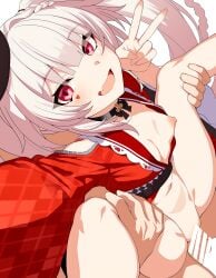 1boy absurdres bar_censor bilingual_commentary braid breasts censored clothed_female_nude_male clothing_cutout english_commentary facial_mark female from_above full_nelson heart heart_facial_mark highres honkai:_star_rail honkai_(series) long_hair long_sleeves m_legs mixed-language_commentary navel nipples nude oerba_yun_fang open_mouth out_of_frame paid_reward_available penis pink_eyes pointless_censoring red_shirt reverse_suspended_congress sex sex_from_behind shirt shoulder_cutout simple_background skin_fang small_breasts solo_focus sparkle_(honkai:_star_rail) sparxie_(honkai:_star_rail) spread_legs straight takashia twintails v vaginal_penetration white_background white_hair