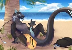 3_toes 4_fingers air_drowning anthro aquatic_dragon asphyxiation backpack barbel_(anatomy) beach black_body blue_penis blue_tongue bodily_fluids breath_play claws clothed clothing cloud countershading day deepdrake detailed_background digitigrade dragon drooling eyewear feet fin fingers flesh_whiskers genital_fluids genitals gills glasses grass grey_body grey_countershading jubilance_pheesh_(luftraptor) leaning leaning_backward light lighting long_neck long_tail lure_(anatomy) male marine membrane_(anatomy) mythological_creature mythological_scalie mythology narrowed_eyes partially_clothed penis plant precum saliva sand scalie sea shaded sky solo strawberryoverlord swimming_trunks swimwear tail tapering_penis toes tongue tongue_out tree water watermark webbed_feet webbed_hands