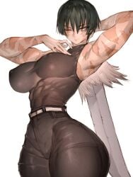 1girls armpits bare_shoulders big_breasts black_hair breasts burn_scar closed_mouth covered_erect_nipples female fumio_(rsqkr) glasses green_hair high-waist_pants highres holding jujutsu_kaisen large_breasts looking_at_viewer multiple_scars muscular muscular_female narrow_waist navel pants round_eyewear scar scar_on_arm scar_on_face scar_on_shoulder scars_all_over shirt short_hair simple_background sleeveless solo thick_thighs thighs too_many weapon white_background wide_hips zen'in_maki zen'in_maki_(post_shibuya) zenin_maki