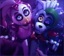 3d_(artwork) accessory animal_print animatronic anthro arm_accessory arm_warmers armwear avian beak bird blue_eyes bodily_fluids bow_(feature) bow_accessory bow_ribbon bukkake canid canine canis chicken clothed clothing cum cum_from_mouth cum_from_penis cum_in_mouth cum_inside cum_on_beak cum_on_cheek cum_on_clothing cum_on_eyelid cum_on_face cum_string digital_media_(artwork) duo duo_focus ear_piercing ejaculation erection female five_nights_at_freddy's five_nights_at_freddy's:_security_breach galliform genital_fluids genitals glamrock_chica_(fnaf) group hair hair_accessory hair_ribbon hand_on_head handjob human legwear leotard lipstick looking_at_viewer machine makeup male male/female mammal mrcourage616 on_model penile penis phasianid piercing pink_clothing pink_leotard ribbons robot roxanne_wolf_(fnaf) scottgames sex steel_wool_studios wolf