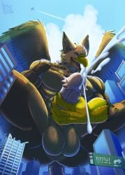 5_fingers abs anal anthro anus avian balls beak biceps biped bodily_fluids brown_body brown_fur building building_destruction carpo city claws cum cumshot daru_brek destruction ejaculation erection feathered_wings feathers finger_claws fingers fur genital_fluids genitals gryphon hi_res house humanoid_genitalia landscape_dwarfing looking_at_viewer macro macro_anthro macro_male male masturbation muscular muscular_anthro muscular_male mythological_avian mythological_creature mythology nude open_mouth orgasm outside pecs penile penile_masturbation penis sky smile solo tail vein wings