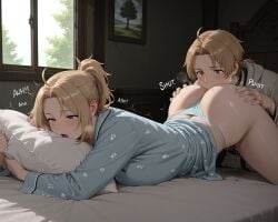 1boy ai_generated ass bedroom blue_eyes blush brown_hair cunnilingus day eating_ass eating_pussy face_in_ass female forehead gabrail green_eyes high_ponytail incest light_brown_hair long_hair low_pontail lying lying_on_bed mature_female milf moaning, mother mother_and_son mushoku_tensei mushoku_tensei:_isekai_ittara_honki_dasu on_bed on_stomach pajamas panties ponytail pussy_juice robe rudeus_greyrat short_hair smile son sound_effects trembling undressing window zenith_greyrat