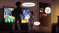 anthro arachnid arthropod beer_bottle beverage_can bottle box canid canid_demon canine capcom clothing container controller demon electronics fan_character fur game_console game_controller game_over gameplay_mechanics genitals group hair hazbin_hotel hellaverse hellhound helluva_boss hi_res imp leash link lost luciano male male/male mammal mario mario_bros mega_man_(character) mega_man_(series) metroid multi_arm multi_limb mythological_canine mythological_creature mythology nintendo nude penis pizza_box prismanoodle prismanoodle_(artist) samus_aran smile spider super_smash_bros. tail terry_(prismanoodle) the_legend_of_zelda trio