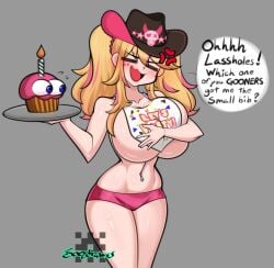 1girls anger_vein annoyed artist_name awooga belly_button belly_button_piercing bib blonde_hair blush breasts closed_eyes cosplay cowgirl_hat cupcake_(fnaf) dialogue embarrassed english_text five_nights_at_freddy's five_nights_at_freddy's_2 fnaf grey_background hat huge_breasts indie_virtual_youtuber joeydrawss light-skinned_female light_skin lulu_lasso open_mouth panties piercing pink_panties simple_background solo speech_bubble text toy_chica_(cosplay) virtual_youtuber