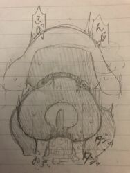 3:4 abnarie alien amphibian anal anal_sex anthro ass big_butt bodily_fluids clothing dildo frog headgear headwear heart_symbol hi_res japanese_text keronian keroro_gunsou looking_back monochrome nude penetration rear_view sex_toy sex_toy_insertion simple_background solo sweat tail tamama text translation_request