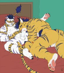 anthro ass beard bed blue_body blue_fur blush bodily_fluids chimera claws demon duo facial_hair felid fellatio fur furniture genital_fluids genitals hands_on_legs hands_on_thighs hi_res horn hunter_ramirez hunterramirez hybrid inside long_tail male male/male mammal oral pantherine pawpads paws penile penis pillow saliva sex size_difference stripes sucking tail tiger toboe_(toboe2) white_body white_fur yellow_body yellow_fur