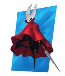 4_fingers absurd_res anthro arachnid arthropod arthropod_abdomen arthropod_abdomen_genitalia arthropod_abdomen_vulva black_body black_eyes blue_vulva casual cloak cloak_only clothing digitigrade exoskeleton featureless_feet feet female fingers genitals hi_res holding_object holding_weapon hollow_knight_(franchise) horn hornet_(hollow_knight) light lighting lumen_fox nonsexual nonsexual_nudity outerwear red_cloak red_clothing segmented_body shaded simple_background solo stinger team_cherry vulva weapon white_head