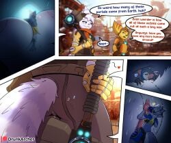 anthro ass bat black_body black_fur blue_body blue_fur blush bodily_fluids breasts clothed clothing comic comic_panel drunkarcher english_text extreme_size_difference eyewear eyewear_on_head female fur genital_fluids genitals gloves goggles goggles_on_head grey_body grey_fur group hair hammer handwear hi_res humanoid interspecies larger_female lombax machine male male/female mammal membrane_(anatomy) membranous_wings micro murid murine nipples nude open_mouth orange_body orange_fur piercing protogen raeal_the_protogen rat ratchet_(ratchet_and_clank) ratchet_and_clank rivet_(ratchet_and_clank) robotic_arm rodent scarf size_difference skaven smaller_male smile sony_corporation sony_interactive_entertainment stripes sweat tail text tharquench_sizestealer_(dylanstrategie) tongue tools trapped_in_clothing vulva warhammer_(franchise) white_body white_fur wings worship