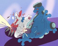 anal anal_sex anus argon_vile backsack balls bodily_fluids claws cum cum_cannon cumshot duo ejaculation erection excessive_cum excessive_genital_fluids generation_3_pokemon generation_5_pokemon genital_fluids genitals hands-free heart_symbol hi_res male male/male nintendo penetration penis pokemon pokemon_(species) seismitoad size_difference stretched_anus tight_fit tongue tongue_out zangoose