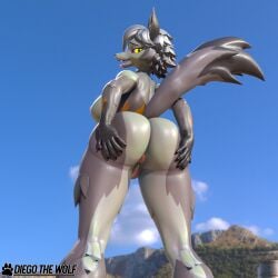 absurd_res anthro anus ass beach big_breasts big_butt blender_(artwork) blender_eevee_(artwork) breasts diegothewolf digital_media_(artwork) epic_games female fortnite fur genitals grey_body hair hand_on_butt hi_res inflated_butt long_ears long_tail looking_at_viewer looking_back nipples open_anus orange_body orange_fur pink_anus pink_nipples rear_view short_hair solo tail thick_thighs tongue tongue_out vulva wolfie_(fortnite) yellow_eyes