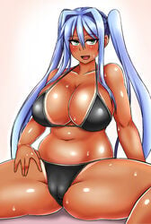 bikini black_bikini blue_hair cameltoe green_eyes ikameshi open_legs tan tanline