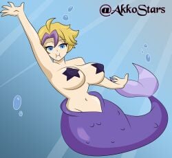 1girls akkostars armpits arms_up blonde_hair blue_eyes clavkiys_the_magikey_skyblaster cleavage closed_mouth commission curvy duel_monster female fringe full_body hi_res hips huge_breasts large_breasts light_skin looking_at_viewer merfolk mermaid multicolored_hair navel one_arm_up pasties purple_hair rule_63 safe sea short_hair siren smile solo under_sea water younger_female yu-gi-oh!