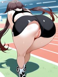 1girls ai_generated anus ass back_view bent_over big_ass breasts brown_hair day dolphin_shorts female female_only from_behind genshin_impact gym_shorts hu_tao_(genshin_impact) huge_butt large_butt leaning_forward light-skinned_female long_hair outdoors pussy shineinsfw sneakers socks solo spandex sports_bra sportswear stadium torn_clothes torn_shorts track_and_field twintails