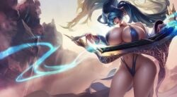 ai_edit big_ass big_breasts blue_hair breasts_bigger_than_head enormous_ass enormous_breasts huge_ass huge_breasts riot_games sling_bikini slingshot_swimsuit sona_(league_of_legends) sona_buvelle thick_thighs