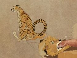 2017 ambiguous_gender anklechain_(artist) azmarai big_dom_small_sub black_nose bodily_fluids brown_body brown_fur cheetah claws close-up closed_eyes dominant duo erection fangs felid feline fellatio feral feral_on_feral feral_penetrated feral_penetrating feral_penetrating_feral fur genitals green_eyes jasiri lion male mammal markings oral oral_penetration pantherine penetration penile penis penis_in_mouth saliva saliva_on_penis sex simple_background sitting sitting_on_another size_difference size_play spots spotted_body spotted_fur sucking tail teeth wide_eyed