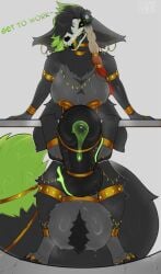 absurd_res accessory animal_genitalia animal_penis anklet anthro ball_ring ball_tuft balls big_balls big_ears big_penis big_tail black_body black_fur black_hair bodily_fluids bone braided_hair breasts canid canine canine_genitalia canine_penis canis claws cock_ring colored_cum cum cum_drip dialogue domestic_dog dripping ear_piercing erection flower fluffy fluffy_tail fur furgonomics furry furry-specific_piercing gauged_ear gem genital_fluids genital_piercing genitals green_body green_cum green_eyes green_fur green_hair gynomorph hair hi_res huge_balls huge_cock hyper hyper_balls hyper_genitalia hyper_penis intersex jewelry knot knotted_penis looking_at_viewer mammal mane monster multiple_cock_rings nadilya_(heliocintrini) neck_tuft necklace nipple_plugs pawpads paws penis penis_accessory penis_jewelry penis_piercing piercing plant plug_(jewelry) plug_(sex_toy) precum presenting presenting_penis pubes quadruped ring ring_piercing sex_toy simple_background skull skull_head skulldog_(species) solo sweat sweaty_balls sweaty_breasts sweaty_genitalia sweaty_penis tail tail_accessory tail_jewelry tail_piercing tail_ring tail_ring_(piercing) taur teeth tuft unusual_bodily_fluids unusual_cum unusual_genital_fluids vein veiny_balls veiny_knot veiny_penis vulpevex