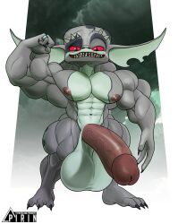2025 3_fingers 3_toes abs anthro artist_name balls big_balls big_muscles big_penis claws digital_media_(artwork) feet fingers flexing flexing_bicep full-length_portrait genitals green_body gremlin gremlin_(gremlins) hi_res humanoid_genitalia humanoid_penis looking_at_viewer male multicolored_body muscular nipples notched_ear nude open_mouth penis photo_background photography_(artwork) pirin-apex portrait red_sclera ring sharp_teeth smile solo spikes spikes_(anatomy) teeth text toes two_tone_body url vein veiny_penis