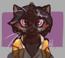 animal_genitalia animal_penis anthro black_body black_fur blush bodily_fluids canine_genitalia canine_penis clothing cum cum_on_face domestic_cat felid feline felis female fur genital_fluids genitals hair hawaiika jacket looking_at_genitalia looking_at_penis low_res mammal penis shadow snowflake_(cdt2s) solo solo_focus tongue tongue_out topwear whiskers