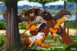 anal anal_sex anthro big_penis black_penis bodily_fluids canid canine chain_necklace claws cum cum_in_ass cum_inside cum_on_chest cumshot curved_horn detailed_background duo ejaculation felid genital_fluids genitals hi_res horn huge_cock humanoid_genitalia humanoid_penis jewelry male male/male mammal muscular muscular_anthro muscular_male necklace nipple_piercing nipples outside pache_riggs pantherine park penetration penile penile_penetration penis penis_in_ass piercing piledriver_position plant pull_out scenery sex tiger toe_claws tongue tongue_out tree