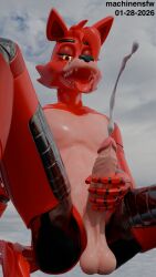 animatronic anthro balls black_nose blender_(artwork) blender_cycles_(artwork) bodily_fluids canid canine cum cum_from_penis cum_string cumshot digital_media_(artwork) ejaculation five_nights_at_freddy's floating fox foxy_(fnaf) genital_fluids genitals hi_res humanoid humanoid_genitalia humanoid_penis looking_pleasured machine machinensfw male male/male mammal masturbation metallic_body penis red_body robot scottgames skyorange_eyes smile solo teeth throbbing throbbing_penis tongue tongue_out