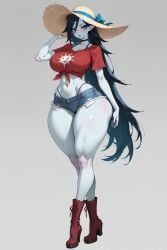 adventure_time ai_generated bikini black_hair boots cartoon_network choker cleavage collarbone colored_skin crossed_legs cutoffs denim denim_shorts female full_body grey_background hat highleg large_breasts long_hair looking_at_viewer marceline_abadeer marceline_the_vampire_queen midriff navel nibba pointy_ears red_eyes red_shirt shirt shirt_t short_shorts short_sleeves shorts simple_background smile solo standing straw_hat sun_hat swimsuit thick_lips thick_thighs thighs tied_shirt very_long_hair wide_hips