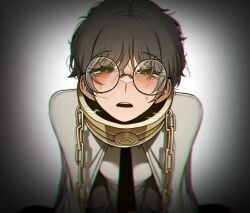 big_glasses black_hair black_iris blush breathing cape chains chromatic_aberration collar eyebrows_raised eyebrows_visible_through_hair glasses handcuffs heavy_breathing index limbus_company looking_at_viewer looking_up messy_hair misg1111 open_mouth pov pov_eye_contact project_moon round_glasses sfw shirt sitting sora_(limbus_company) squint steamy_breath sweat tie unethical_faps