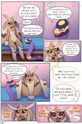 bed blush brown_body brown_fur collar comic dark_sclera dialogue dizzy_eyes duo ekans female feral flustered fur furniture generation_1_pokemon generation_3_pokemon generation_4_pokemon genitals heart_symbol hi_res hybrid lagomorph leporid lopunny male male/female mammal nintendo on_bed pokemon pokemon_(species) purple_body rabbit reptile scalie seviper sinligereep sitting sitting_on_bed size_difference snake vulva