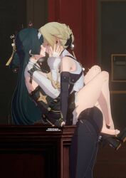 2girls 3d astra_yao astra_yao_(chandelier) black_hair blonde_hair blush bow bun commentary commission dress english_commentary evelyn_chevalier eyes_closed female female_only fully_clothed hair_ornament hands_on_head hearts heels implied_penetration leggings legs_around_partner legs_around_waist lesbian long_hair long_sleeves motion_blur multiple_girls no_visible_genitalia on_desk shinshogun steamy_breath strap-on tagme twitch_lines updo yuri zenless_zone_zero
