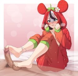 1boy animal_ear_fluff animal_ears anklet arms_up barefoot bed black_hair black_streaks blue_eyes blush braid breasts caressing_testicles clenched_hands commentary double-parted_bangs feet female food footjob fruit full-face_blush hair_between_eyes hakos_baelz hakos_baelz_(strawberry_onesie) highres hololive hololive_english hood hooded_pajamas hui_yu jewelry male_pubic_hair medium_breasts mouse_ears multicolored_hair nail_polish on_bed onesie open_mouth pajamas penis precum pubic_hair red_hair red_pajamas see-through_body sitting steam strawberry testicles toenail_polish toenails twitching_penis uncensored virtual_youtuber white_hair