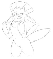 anthro breasts claws digital_media_(artwork) female fish-ears looking_at_viewer nintendo nipples nude pokemon pussy simple_background sketch smile solo video_games weavile white_background