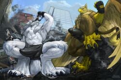 4_toes 5_fingers abs anthro avian balls balls_outline beak biceps biped boxer_briefs brown_body building building_destruction bulge carpo city city_background city_crushing city_destruction cityscape claws clothed clothing destruction detailed_background detailed_bulge duo erection extreme_size_difference feathered_wings feathers feet finger_claws fingerless_gloves fingers genital_outline genitals gloves gryphon handwear hi_res humanoid_genitalia kill_(sergal) landscape_dwarfing macro macro_anthro macro_male male muscular muscular_anthro muscular_male mythological_avian mythological_creature mythology open_mouth outside paws pecs penis penis_outline rampage sergal shaneinvasion size_difference sky smile stomping subway tail toe_claws toes train underwear vehicle vehicle_destruction vore wings