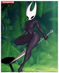 2025 2_horns 4:5 4_fingers anthro arthropod artist_name big_breasts biped black_eyes black_nipples blurred_background breasts casual deep_navel digital_media_(artwork) eyelashes female female_anthro fingers genitals glistening glistening_body glistening_breasts hand_on_leg hand_on_own_leg hand_on_own_thigh hand_on_thigh hi_res holding_melee_weapon holding_object holding_weapon hollow_knight_(franchise) horn hornet's_needle hornet_(hollow_knight) innie_vulva melee_weapon navel nipples non-mammal_breasts non-mammal_navel non-mammal_nipples non-mammal_vulva nonsexual nonsexual_nudity nude nude_anthro nude_female patreon patreon_logo patreon_username pyongtao solo team_cherry text vulva weapon