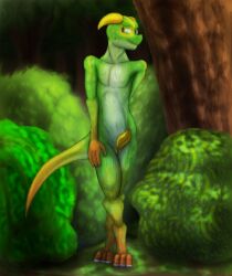 3_toes 4_fingers absurd_res ambiguous_gender animal_genitalia anthro awkward cloaca crossed_legs digitigrade dirt embarrassed erection feet fingers forest forest_background genitals gradient_body grass green_body hand_on_hip hands_behind_back hi_res horn kobold lighter_belly male markings mud nature nature_background navel nervous nude organs penis plant scales scalie shaded shrub slim snout soft_shading solo standing stomach stripes tail toes tree united_patriots