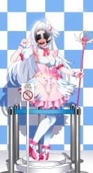 1boy absurdres ball_gag blue_archive blush bound bustier checkered_background choker commission corset cosplay crescent crescent_hair_ornament gag grey_wings hair_ornament halo head_wings heart highres holding holding_staff kigurumi lock mage_staff magical_girl maguro27 mascot_costume pantyhose pink_corset pink_halo pixiv_commission restrained sensei_(blue_archive) sex_toy sign single_hair_intake single_head_wing single_wing smile solo_male staff stealth_bondage suzumi_(blue_archive) suzumi_(blue_archive)_(cosplay) suzumi_(magical)_(blue_archive) translation_request twitching v vibrator warning_sign watermark white_pantyhose wing_ornament wings